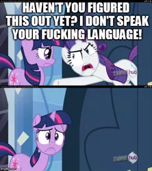 Size: 500x562 | Tagged: safe, banned from derpibooru, deleted from derpibooru, derpibooru import, rarity, twilight sparkle, caption, image macro, insulting rarity, max payne 3, meme, text, vulgar
