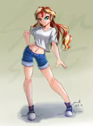 Size: 868x1173 | Tagged: safe, artist:the-park, banned from derpibooru, deleted from derpibooru, derpibooru import, sunset shimmer, human, equestria girls, belly button, clothes, converse, denim, humanized, midriff, shoes, sneakers, solo, untied shoes