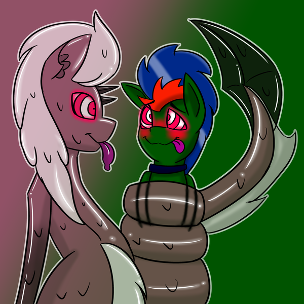 Size: 4000x4000 | Tagged: suggestive, artist:askhypnoswirl, banned from derpibooru, deleted from derpibooru, derpibooru import, oc, oc:black diamond, oc:sterling specter, unofficial characters only, goo, goo pony, original species, blushing, coiling, coils, glowing eyes, hypnosis, tongue out