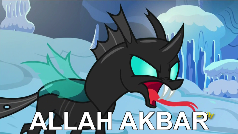 Size: 1920x1080 | Tagged: questionable, banned from derpibooru, deleted from derpibooru, derpibooru import, thorax, changeling, the times they are a changeling, allahu akbar, islam, politically incorrect