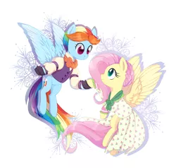 Size: 1092x1040 | Tagged: safe, artist:jumblehorse, banned from derpibooru, deleted from derpibooru, derpibooru import, flutterholly, fluttershy, rainbow dash, snowdash, pony, clothes, dress, female, flutterdash, flying, holding hooves, lesbian, looking at each other, mare, rainbow dash always dresses in style, shipping, shirt, spread wings, vest, wings
