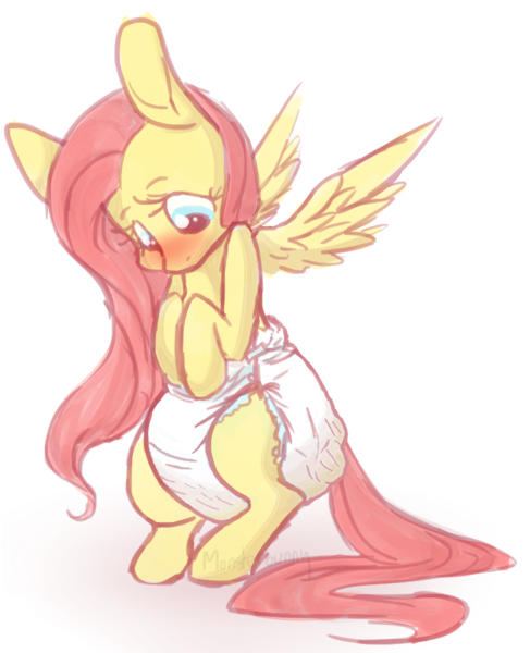 Size: 730x900 | Tagged: questionable, artist:monsterbunny, banned from derpibooru, deleted from derpibooru, derpibooru import, edit, editor:hodgepodgedl, fluttershy, blushing, cute, diaper, diaper fetish, fetish, image, messy diaper, png, poofy diaper, poop, poopy diaper, scat, shyabetes, simple background, wet diaper, white background