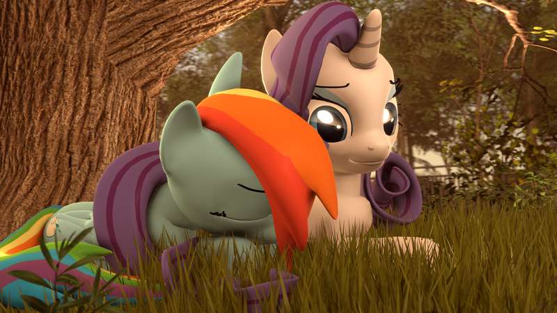 Size: 3840x2160 | Tagged: safe, artist:xppp1n, banned from derpibooru, deleted from derpibooru, derpibooru import, rainbow dash, rarity, pony, 3d, female, forest, lesbian, mare, raridash, shipping, sogreatandpowerful, source filmmaker