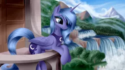 Size: 2560x1440 | Tagged: safe, artist:aurelleah, banned from derpibooru, deleted from derpibooru, derpibooru import, princess luna, balcony, chest fluff, cute, ear fluff, forest, happy, looking away, river, s1 luna, scenery, smiling, solo, water, waterfall