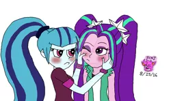 Size: 1024x605 | Tagged: safe, artist:resotii, banned from derpibooru, deleted from derpibooru, derpibooru import, aria blaze, sonata dusk, equestria girls, blushing, cheek pinch