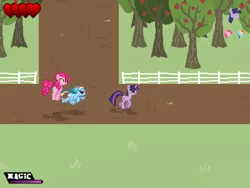 Size: 1024x768 | Tagged: safe, artist:supersaiyanmikito, banned from derpibooru, deleted from derpibooru, derpibooru import, pinkie pie, rainbow dash, fly, insect, 2d, apple, barrier, earth, food, game, grass, happy, heart (organ), jumping, organs, shadow, walk