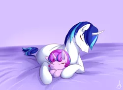 Size: 1000x729 | Tagged: safe, artist:azarakikun, banned from derpibooru, deleted from derpibooru, derpibooru import, princess flurry heart, shining armor, cuddling, cute, eyes closed, father and child, father and daughter, female, flurrybetes, male, prone, shining adorable, sleeping, snuggling