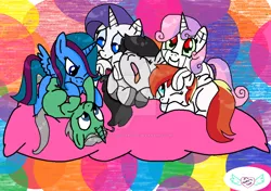 Size: 1024x720 | Tagged: safe, artist:seraphimstardust, banned from derpibooru, deleted from derpibooru, derpibooru import, sweetie belle, oc, oc:dazzling gem, oc:emerald symphony, oc:raribot jr, oc:robobloom, oc:sapphire sky, pony, robot, robot pony, base used, colt, family, female, filly, kids, male, sweetie bot