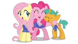 Size: 8533x4800 | Tagged: safe, artist:chebut, banned from derpibooru, deleted from derpibooru, derpibooru import, fluttershy, pinkie pie, snails, buckball season, absurd resolution, clothes, eyes closed, freckles, inkscape, raised hoof, sports, uniform, vector