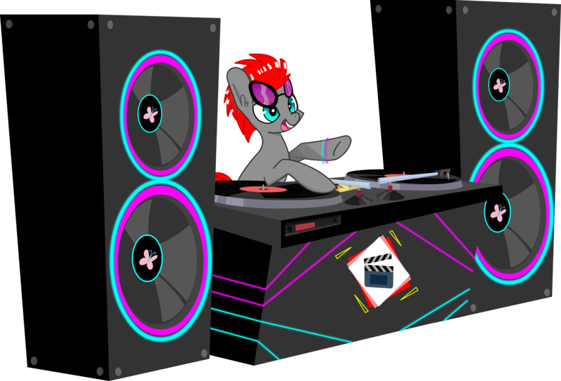 Size: 7041x4790 | Tagged: safe, artist:silshadnic, banned from derpibooru, deleted from derpibooru, derpibooru import, oc, oc:ascension entropy, unofficial characters only, cutie mark, dj booth, gift art, glow rings, neon, records, simple background, solo, speakers, sunglasses, transparent background, vector