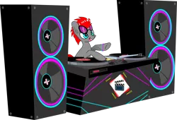 Size: 7041x4790 | Tagged: safe, artist:silshadnic, banned from derpibooru, deleted from derpibooru, derpibooru import, oc, oc:ascension entropy, unofficial characters only, cutie mark, dj booth, gift art, glow rings, neon, records, simple background, solo, speakers, sunglasses, transparent background, vector