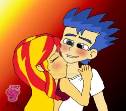 Size: 1024x900 | Tagged: safe, artist:resotii, banned from derpibooru, deleted from derpibooru, derpibooru import, flash sentry, sunset shimmer, equestria girls, blushing, female, flashimmer, kissing, male, shipping, straight