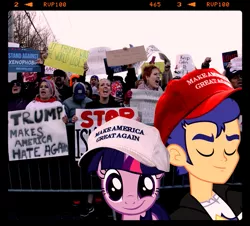 Size: 705x636 | Tagged: safe, banned from derpibooru, deleted from derpibooru, derpibooru import, flash sentry, twilight sparkle, human, crowd, female, flashlight, instagram, irl, irl human, make america great again, male, photo, protest, shipping, sign, straight