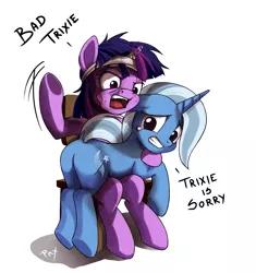 Size: 1542x1642 | Tagged: suggestive, artist:ponykillerx, banned from derpibooru, deleted from derpibooru, derpibooru import, trixie, twilight sparkle, pony, unicorn, abuse, bandage, blood, broken horn, butt, chair, dialogue, dock, duo, female, horn, image, looking back, mare, open mouth, plot, png, punishment, simple background, sitting, spanking, trixiebuse, underhoof, white background