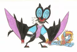Size: 1299x871 | Tagged: safe, artist:smcho1014, banned from derpibooru, deleted from derpibooru, derpibooru import, oc, oc:ilovekimpossiblealot, oc:wild sketchy, bat, dragon, noivern, pegasus, pony, colored pencil drawing, crossover, duo, female, mare, pokémon, simple background, traditional art, white background