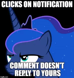 Size: 500x525 | Tagged: safe, banned from derpibooru, deleted from derpibooru, derpibooru import, princess luna, attention horse, caption, first world problems, image macro, meme, solo, text