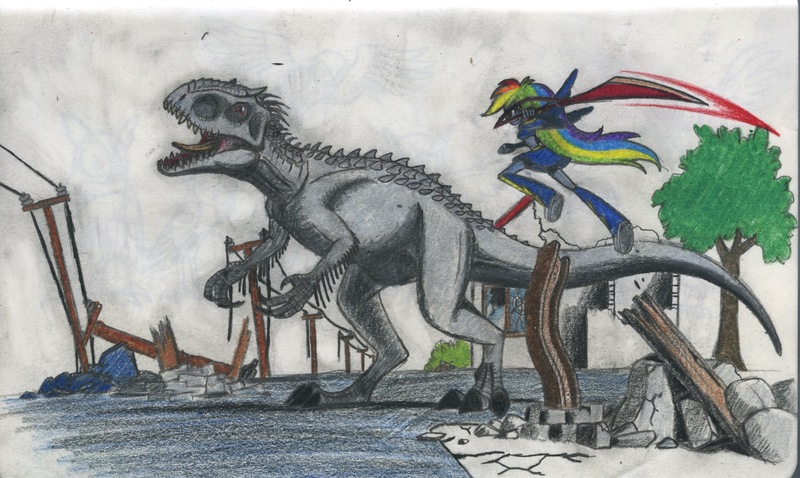 Size: 2462x1471 | Tagged: safe, artist:smcho1014, banned from derpibooru, deleted from derpibooru, derpibooru import, rainbow dash, dinosaur, equestria girls, colored pencil drawing, female, hybrid dinosaur, indominus rex, jurassic world, sword, traditional art, weapon