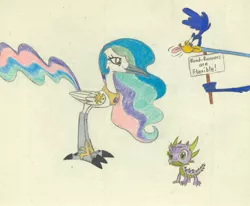 Size: 1847x1519 | Tagged: safe, artist:smcho1014, banned from derpibooru, deleted from derpibooru, derpibooru import, princess celestia, spike, bird, lizard, roadrunner, birdified, colored pencil drawing, ethereal mane, female, horned lizard, male, my little roadrunner, road runner, species swap, traditional art