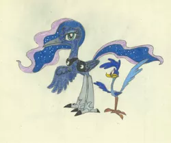 Size: 1692x1413 | Tagged: safe, artist:smcho1014, banned from derpibooru, deleted from derpibooru, derpibooru import, princess luna, bird, roadrunner, birdified, colored pencil drawing, duo, ethereal mane, female, my little roadrunner, road runner, species swap, starry mane, traditional art