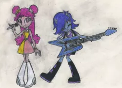 Size: 1459x1063 | Tagged: safe, artist:smcho1014, banned from derpibooru, deleted from derpibooru, derpibooru import, equestria girls, ami onuki, barely pony related, colored pencil drawing, duo, electric guitar, equestria girls-ified, female, guitar, hi hi puffy ami yumi, microphone, musical instrument, puffy ami yumi, traditional art, yumi yoshimura