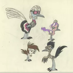 Size: 1723x1731 | Tagged: safe, artist:smcho1014, banned from derpibooru, deleted from derpibooru, derpibooru import, diamond tiara, photo finish, pipsqueak, oc, oc:wild sketchy, bird, roadrunner, birdified, colored pencil drawing, female, male, my little roadrunner, species swap, traditional art