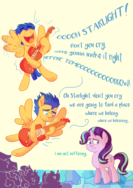 Size: 2480x3507 | Tagged: safe, artist:chebut, banned from derpibooru, deleted from derpibooru, derpibooru import, flash sentry, starlight glimmer, comic, crack shipping, female, flashglimmer, guitar, lyrics, male, musical instrument, shipping, singing, slash, song reference, starsentry, straight, text