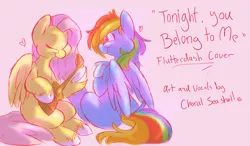 Size: 1023x597 | Tagged: safe, artist:shellielle, banned from derpibooru, deleted from derpibooru, derpibooru import, fluttershy, rainbow dash, pony, cover art, female, flutterdash, lesbian, mare, shipping