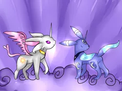 Size: 1024x768 | Tagged: safe, artist:hanaty, banned from derpibooru, deleted from derpibooru, derpibooru import, princess celestia, princess luna, espeon, umbreon, crossover, pokémon, species swap