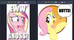 Size: 465x250 | Tagged: safe, banned from derpibooru, deleted from derpibooru, derpibooru import, princess cadance, derpibooru, bad advice fluttershy, butts, caption, disgusted, exploitable meme, image macro, juxtaposition, meme, meta, text