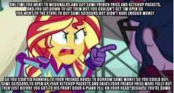 Size: 800x429 | Tagged: safe, banned from derpibooru, deleted from derpibooru, derpibooru import, screencap, sci-twi, sunset shimmer, twilight sparkle, angry, exploitable meme, image macro, insult, mcdonald's, meme, metal, psychostick, sunset yells at twilight, tl;dr