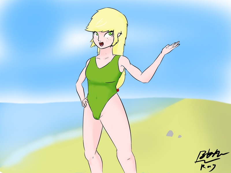 Size: 1600x1200 | Tagged: questionable, artist:pwnagespartan, banned from derpibooru, deleted from derpibooru, derpibooru import, applejack, human, beach, cameltoe, clothes, crotch, female, humanized, one-piece swimsuit, solo, solo female, swimsuit