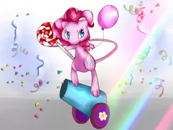 Size: 1024x768 | Tagged: safe, artist:hanaty, banned from derpibooru, deleted from derpibooru, derpibooru import, pinkie pie, mew, balloon, crossover, party cannon, pokémon, solo, species swap