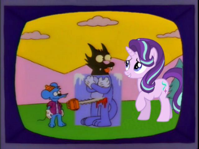 Size: 640x480 | Tagged: safe, banned from derpibooru, deleted from derpibooru, derpibooru import, starlight glimmer, drama bait, itchy, poochie, scratchy, the simpsons