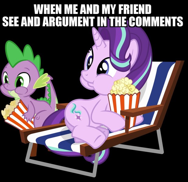 Size: 1035x1005 | Tagged: safe, banned from derpibooru, deleted from derpibooru, derpibooru import, spike, starlight glimmer, caption, food, grammar error, image macro, meme, obligatory pony, popcorn, text