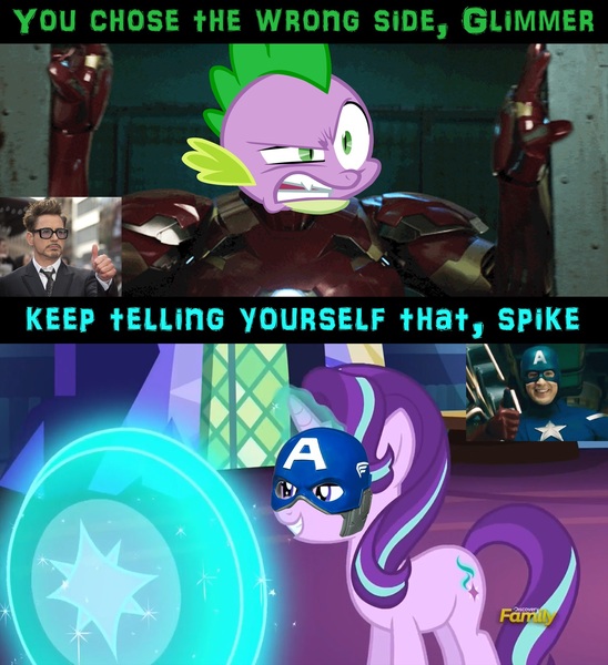 Size: 1500x1643 | Tagged: safe, artist:titanium-pony, banned from derpibooru, deleted from derpibooru, derpibooru import, edit, edited screencap, screencap, spike, starlight glimmer, angry, captain america, captain america: civil war, clothes, comic, cosplay, costume, crossover, iron man, screencap comic, shield, smiling, smirk, superhero, thumbs up