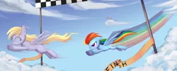 Size: 2250x900 | Tagged: safe, artist:ponykillerx, banned from derpibooru, deleted from derpibooru, derpibooru import, derpy hooves, rainbow dash, pegasus, pony, cloud, cloudy, duo, eyes closed, female, flying, mare, outdoors, race, sky