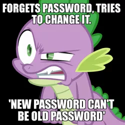 Size: 894x894 | Tagged: safe, banned from derpibooru, deleted from derpibooru, derpibooru import, spike, angry, caption, image macro, meme, obligatory pony, password, solo, text