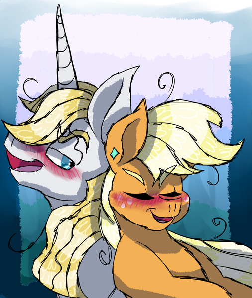 Size: 1688x2000 | Tagged: safe, artist:haleythewerehog, banned from derpibooru, deleted from derpibooru, derpibooru import, applejack, prince blueblood, bluejack, blushing, female, flirting, male, shipping, straight, teasing