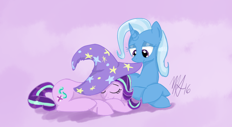 Size: 798x436 | Tagged: safe, artist:flight-of-the-moon, banned from derpibooru, deleted from derpibooru, derpibooru import, starlight glimmer, trixie, pony, unicorn, accessory swap, cute, diatrixes, female, glimmerbetes, hat, lesbian, mare, shipping, sleeping, startrix