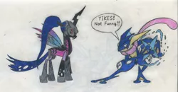 Size: 2330x1208 | Tagged: safe, artist:smcho1014, banned from derpibooru, deleted from derpibooru, derpibooru import, changeling queen oc, oc, oc:wild sketchy, changeling, changeling queen, greninja, changelingified, colored pencil drawing, crossover, duo, female, male, overwatch, pokémon, pokémon x and y, shuriken, simple background, species swap, speech, talking, traditional art, white background, widowmaker