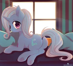 Size: 1280x1155 | Tagged: dead source, suggestive, artist:verawitch, banned from derpibooru, deleted from derpibooru, derpibooru import, trixie, pony, unicorn, anatomically incorrect, bedroom, blushing, butt, colored pupils, crepuscular rays, cute, diatrixes, female, from behind, looking at you, lying down, mare, missing accessory, pillow, plot, solo, solo female, underhoof, window