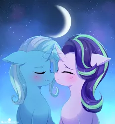 Size: 1280x1377 | Tagged: safe, artist:verawitch, banned from derpibooru, deleted from derpibooru, derpibooru import, starlight glimmer, trixie, pony, unicorn, ^^, blushing, boop, eyes closed, female, floppy ears, horn, horns are touching, lesbian, mare, moon, night, night sky, noseboop, shipping, sky, startrix
