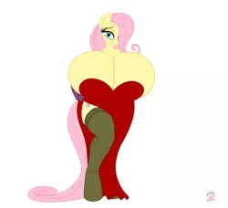 Size: 3358x3057 | Tagged: suggestive, artist:badgerben, artist:speedbumpv-drop, banned from derpibooru, deleted from derpibooru, derpibooru import, fluttershy, anthro, bat pony, unguligrade anthro, big breasts, breasts, busty fluttershy, cleavage, clothes, cosplay, costume, dress, featureless breasts, female, flutterbat, gloves, huge breasts, impossibly large breasts, jessica rabbit, pantyhose, race swap, simple background, white background, who framed roger rabbit
