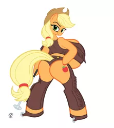 Size: 2700x3040 | Tagged: suggestive, artist:badgerben, artist:speedbumpv-drop, banned from derpibooru, deleted from derpibooru, derpibooru import, applejack, anthro, unguligrade anthro, arm hooves, big breasts, boots, branding iron, breasts, busty applejack, butt, clothes, female, huge breasts, impossibly large breasts, leggings, looking back, plot, shoes, simple background, white background