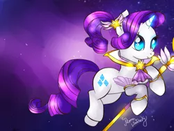 Size: 1024x768 | Tagged: safe, artist:hanaty, banned from derpibooru, deleted from derpibooru, derpibooru import, rarity, oc, oc:janna star guardian, crossover, ponytail, solo, staff