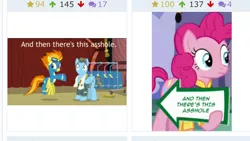 Size: 1136x640 | Tagged: safe, banned from derpibooru, deleted from derpibooru, derpibooru import, pinkie pie, spitfire, wind rider, derpibooru, absurdly meta, and then there's this asshole, juxtaposition, meta