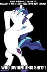 Size: 724x1103 | Tagged: safe, banned from derpibooru, deleted from derpibooru, derpibooru import, shining armor, caption, cracked armor, image macro, meme, obligatory pony, school, solo, text, vulgar, why