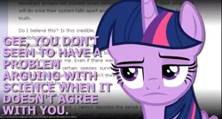 Size: 844x456 | Tagged: safe, banned from derpibooru, deleted from derpibooru, derpibooru import, screencap, twilight sparkle, alicorn, barely pony related, caption, duckery in the description, feminazi, image macro, meme, not satire, obligatory pony, pseudoscience, reaction image, science, solo, text, trigger warning, twilight sparkle (alicorn)