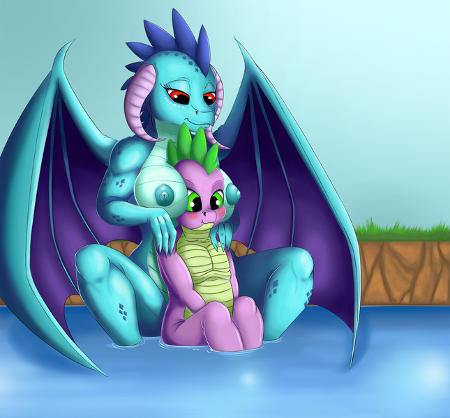 Size: 1332x1240 | Tagged: questionable, artist:exelzior, banned from derpibooru, deleted from derpibooru, derpibooru import, princess ember, spike, anthro, dragon, big breasts, blue nipples, boob smothering, breasts, busty princess ember, diamond markings, embarrassed, emberspike, female, head between breasts, implied erection, male, nipples, nudity, older female, pond, scrunchy face, shipping, shotacon, sitting, smothering, straight, straight shota, underage, water, wings, younger male