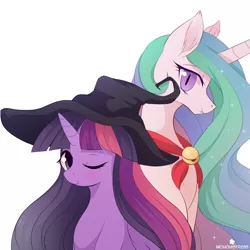 Size: 1280x1281 | Tagged: safe, artist:verawitch, banned from derpibooru, deleted from derpibooru, derpibooru import, princess celestia, twilight sparkle, twilight sparkle (alicorn), alicorn, pony, blushing, clothes, costume, fangs, female, hat, lesbian, looking at you, one eye closed, shipping, simple background, slit eyes, smiling, twilestia, white background, wink, witch hat